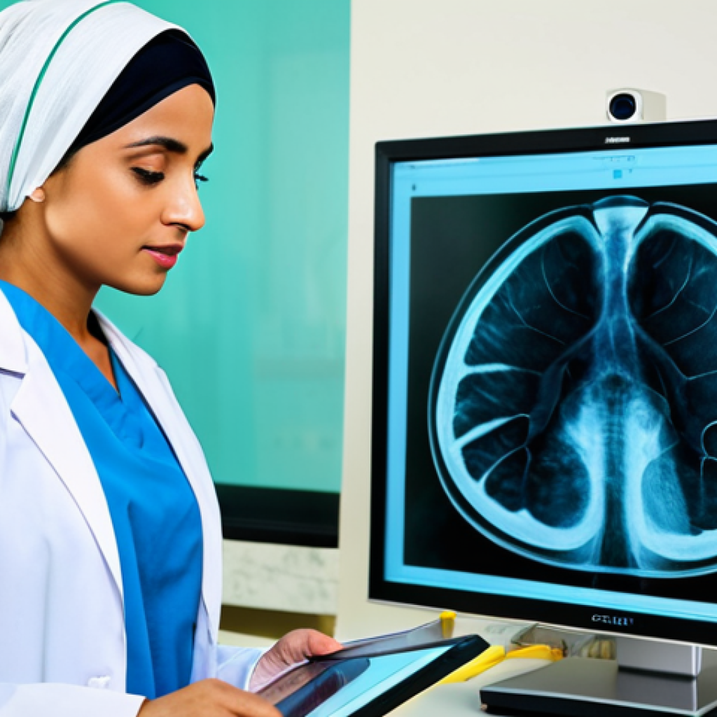 **Prompt:** A professional female doctor in a clean, modern hospital setting in Dubai, wearing modest scrubs and a hijab, examining an X-ray with a focused expression, fully clothed, appropriate content, safe for work, perfect anatomy, natural proportions, professional, family-friendly.