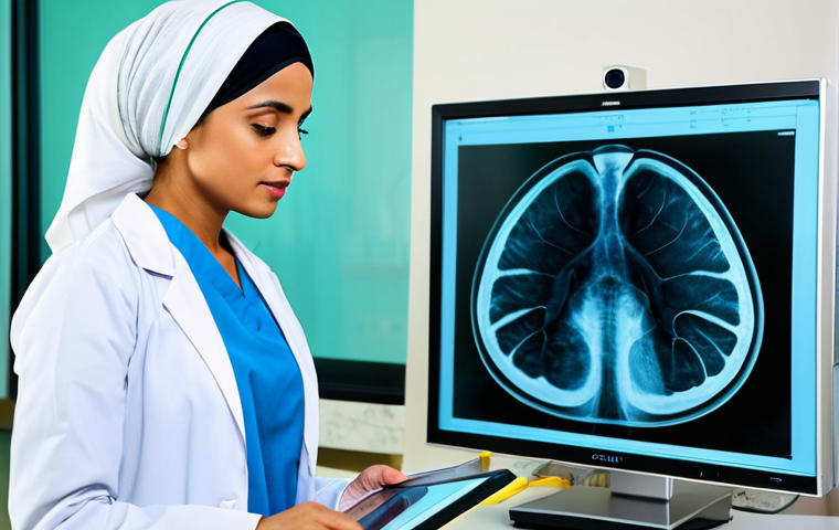 **Prompt:** A professional female doctor in a clean, modern hospital setting in Dubai, wearing modest scrubs and a hijab, examining an X-ray with a focused expression, fully clothed, appropriate content, safe for work, perfect anatomy, natural proportions, professional, family-friendly.