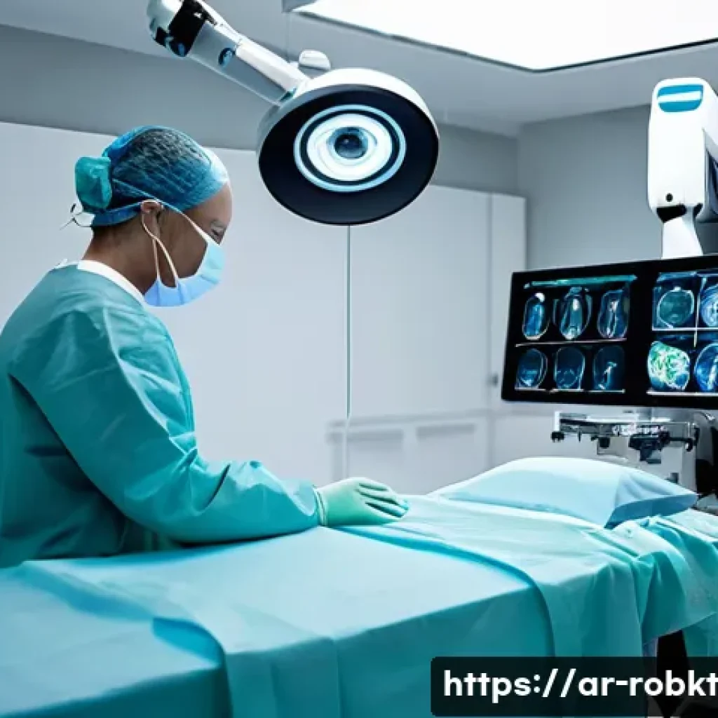 로봇 수술 시스템의 발전을 이끄는 연구 개발 - **Prompt:** A highly skilled surgeon, wearing sterile scrubs, surgical mask, and gloves, is seated c...