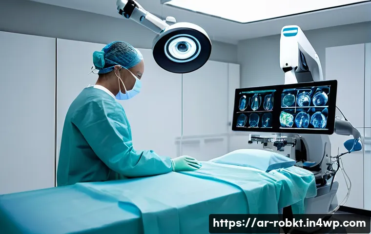 로봇 수술 시스템의 발전을 이끄는 연구 개발 - **Prompt:** A highly skilled surgeon, wearing sterile scrubs, surgical mask, and gloves, is seated c...
