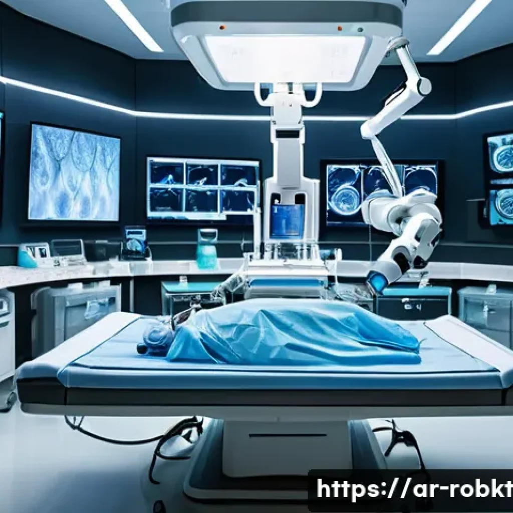 로봇 수술 시스템에 필요한 장비 및 소프트웨어 - A futuristic surgical room showcasing a robotic surgery system in action, featuring four flexible ro...