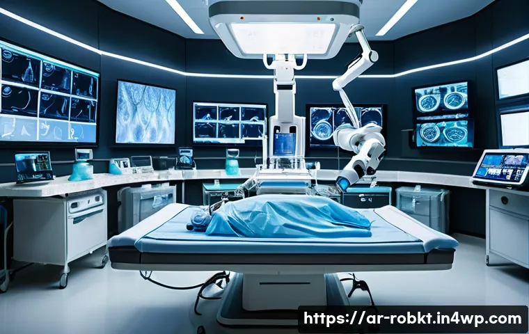 로봇 수술 시스템에 필요한 장비 및 소프트웨어 - A futuristic surgical room showcasing a robotic surgery system in action, featuring four flexible ro...