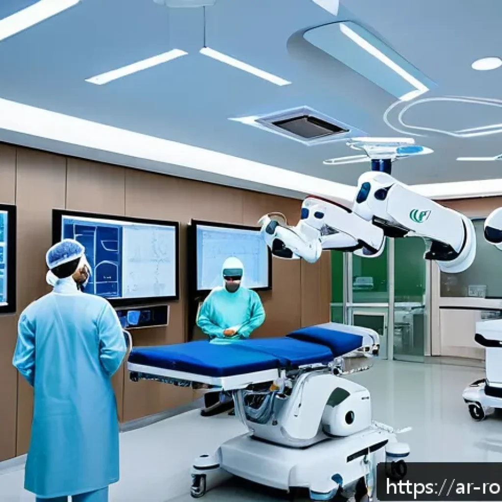 로봇 수술 시스템의 기술 지원 및 유지보수 - A high-tech operating room in a modern Middle Eastern hospital, featuring a surgical robot with arti...