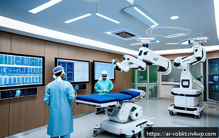 로봇 수술 시스템의 기술 지원 및 유지보수 - A high-tech operating room in a modern Middle Eastern hospital, featuring a surgical robot with arti...