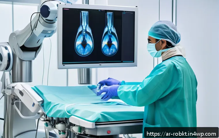 의료 분야에서의 로봇 수술 시스템 활용 - A high-tech surgical robot with multiple articulated arms performing a precise operation inside a ho...