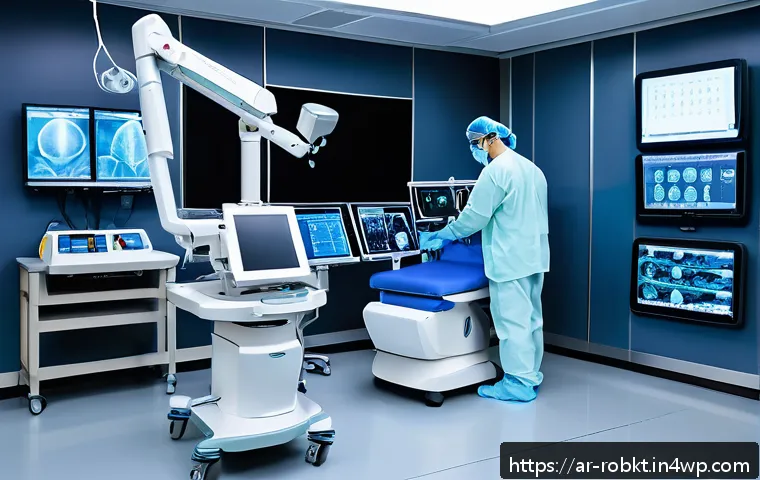 로봇 수술 시스템 사용법  초보자 가이드 - A high-tech robotic surgery system setup in a modern operating room designed for an Arabic medical f...