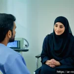Home 18 로봇 수술 시스템의 환자 피드백 수집 전략 - A detailed scene of a Middle Eastern female patient wearing modest medical attire and sitting comfor...