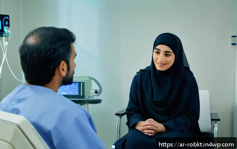 로봇 수술 시스템의 환자 피드백 수집 전략 - A detailed scene of a Middle Eastern female patient wearing modest medical attire and sitting comfor...