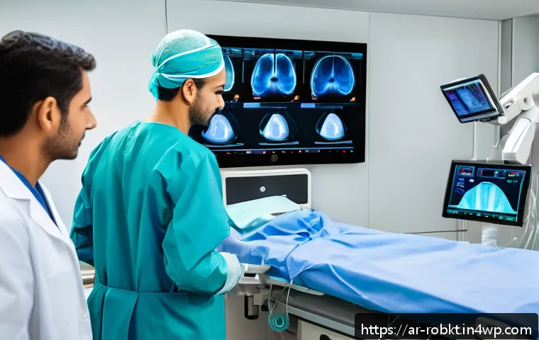 로봇 수술 시스템의 환자 안전성 확보 방안 - A high-tech robotic surgical operating room in a modern hospital in the Middle East, showing a diver...