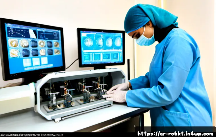 Home 17 로봇 수술 시스템의 성능 평가 방법 - Photorealistic hospital simulation laboratory, Arab female surgeon in modest surgical scrubs and hea...