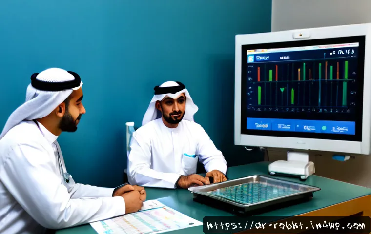로봇 수술 시스템의 비즈니스 모델 분석 - Photorealistic Gulf Arab hospital executive team in modest professional attire analyzing the busines...