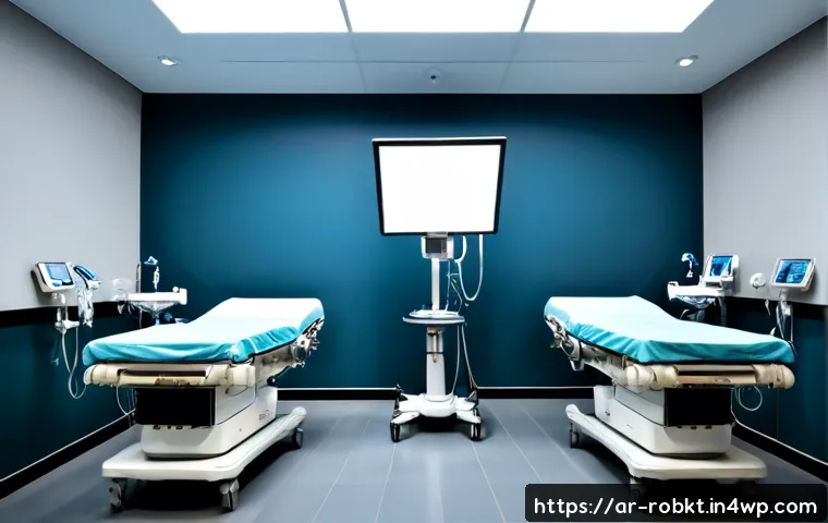 로봇 수술 시스템과 전통적 수술법의 차이 - Photorealistic modern operating room comparison scene, a robotic surgical system with articulated pr...