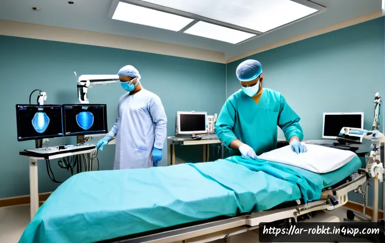 로봇 수술 시스템의 혁신 기술 사례 - Photorealistic advanced robotic surgery suite in a modern Gulf-region hospital, a focused Arab surgi...