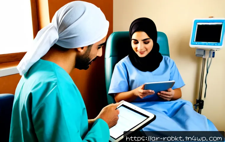 로봇 수술 시스템의 환자 만족도 조사 - Photorealistic hospital consultation scene in a modern Middle Eastern clinic, an Arab female patient...